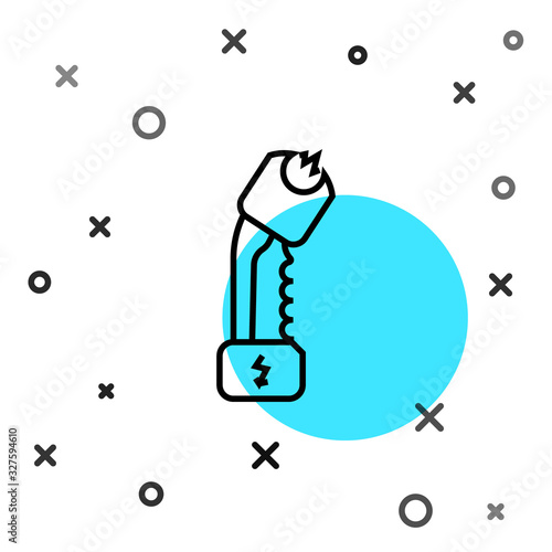 Black line Police electric shocker icon isolated on white background. Shocker for protection. Taser is an electric weapon. Random dynamic shapes. Vector Illustration