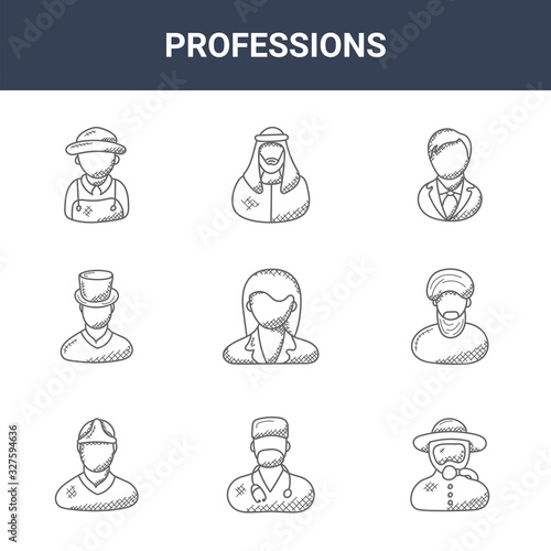 9 professions icons pack. trendy professions icons on white background. thin outline line icons such as diver, muslim, arab man . professions icon set for web and mobile.