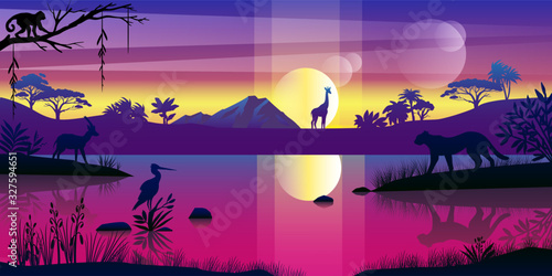 Vector horizontal landscape with African animals, rising sun, river bank. Neon purple background with monkey, stork, giraffe and leopard outlines. Rainforest banner for landing pages, advertisements