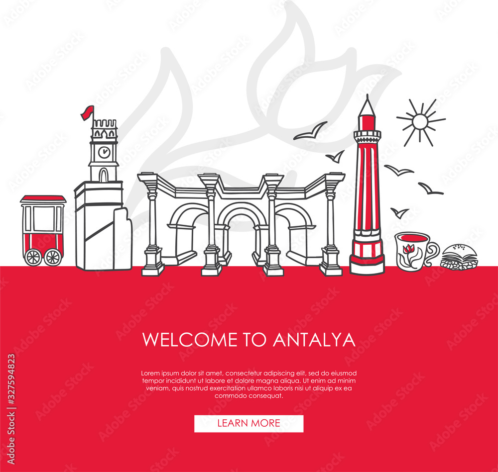 Fototapeta premium Vector illustration Welcome to Antalya, Turkey. Famous Turkish landmarks in modern flat style. Landing web page template with and place for the text. Travel, tourism concept and city promotion.