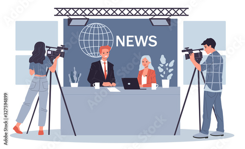 Couple of news anchors. Cameramen, presenters on breaking news background flat vector illustration. TV show, channel, broadcasting concept for banner, website design or landing web page