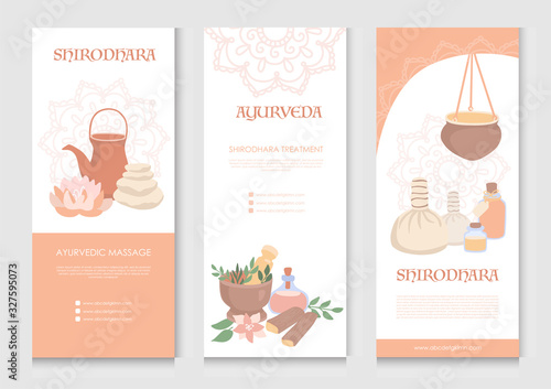 Set of vector flier templates Ayurvedic massage. Collection of flyers for Shirodhara treatment or traditional Indian SPA salon. Vertical cards with flat objects in delicate beige and pink colors.