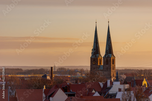View over the historic old town of Quedlinburg in Germany in the early morning