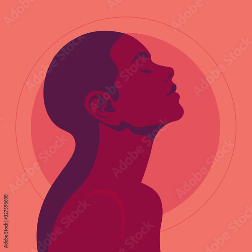 Portrait of a relaxed adult girl with closed eyes. Profile of a young woman on summer vacation. Resorts and beaches. Sunset. Vector illustration in flat style.