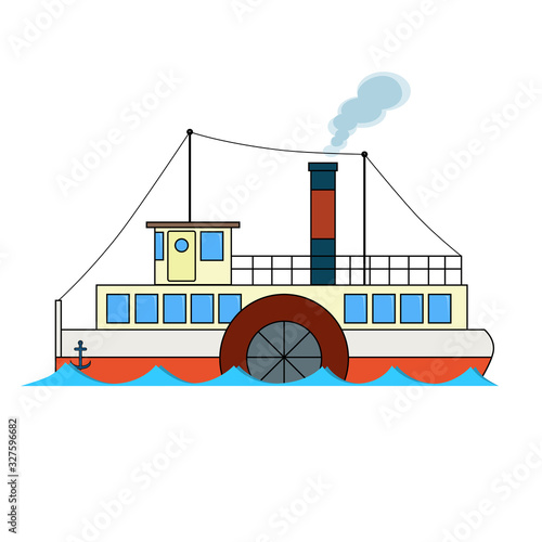 Retro passenger river steamboat in cartoon style on white background.