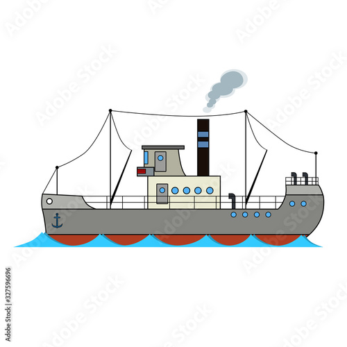 Vintage cargo ship in cartoon style on white background.