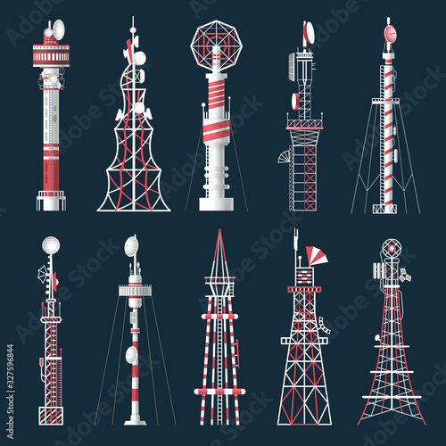 Set of isolated radio tower with antenna