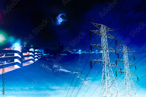 Electricity pole against blue sky clouds, Transmission line of electricity to rural, High voltage electricity pole on bright sky clouds background, electricity transmission pylon