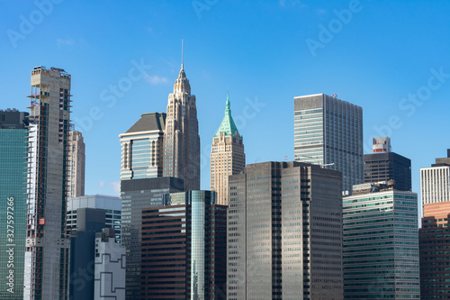 Lower Manhattan New York City Skyline Scene with Modern Skyscrapers on a Clear Blue Day