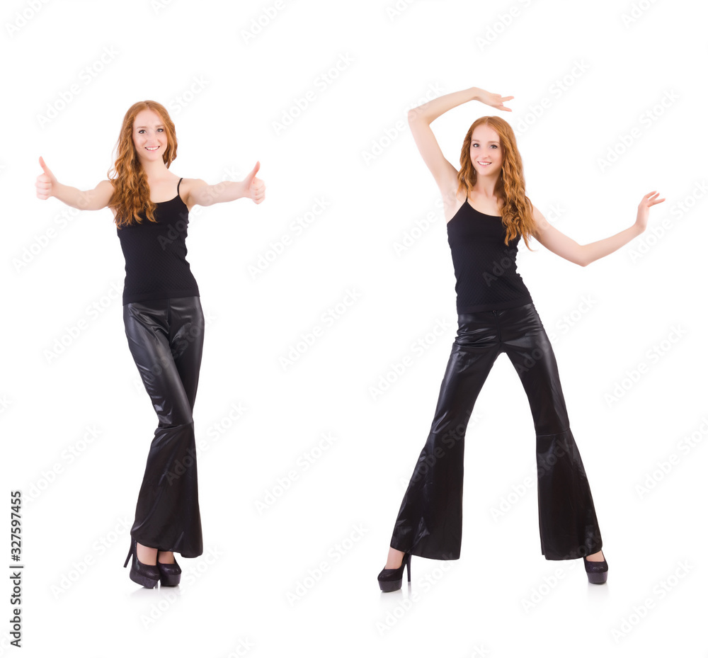 Redhead woman in black bell bottom pants on white Redhead woman in black bell bottom pants on white