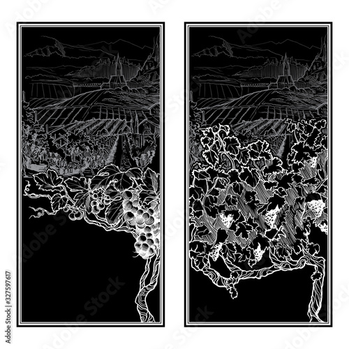 Vinyard in Tirol Alps, Austria. Set of two vertical banners. Vintage design. Chalk on a blackboard. EPS10 vector illustration
