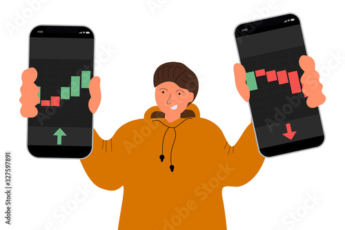 Men with phones, long and short graphs. The concept of a universal application with cryptocurrency and finance (Binary option, forex market, benance) Web banner for online trading
