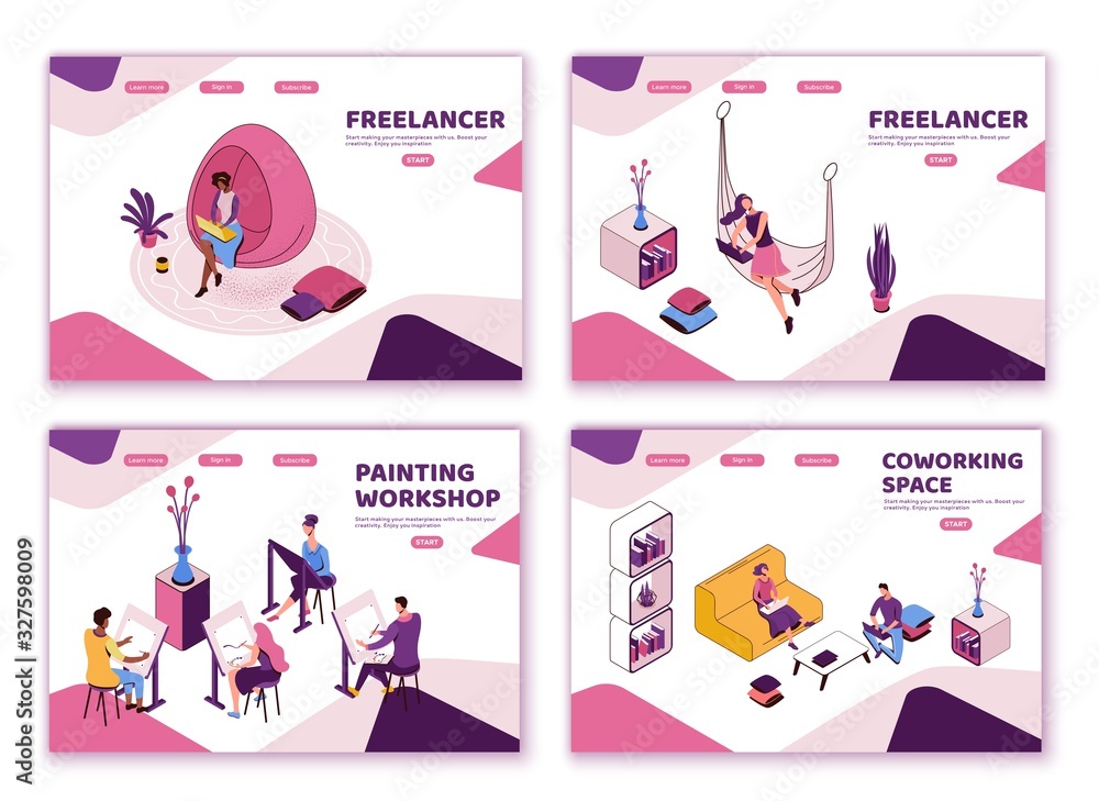 Freelancer with laptop at office workplace, creative people in coworking space, isometric modern interior design, graphic vector illustration, landing page templates set in violet and pink colors