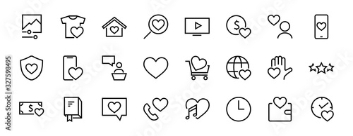  The set of icons about love contains such icons as love of music, declaration of love, heart, favorite home, Linear set. Vector on a white background. Editable stroke. 480x480