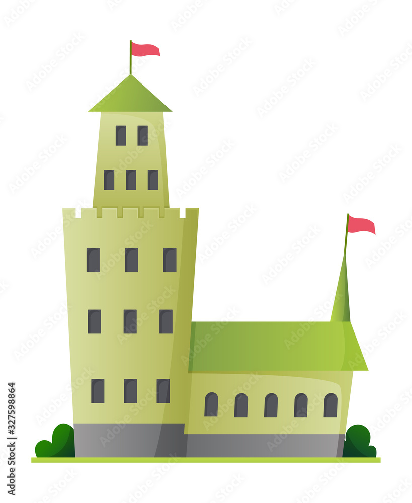 Flat vector fairy tale castle. Medieval palace with high towers and conical roofs. Fortress or stronghold with fortified wall and towers