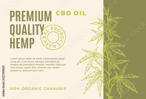 Premium Quality CBD Hemp Oil Abstract Vector Design Label. Modern Typography and Hand Drawn Cannabis Plant Branch with Leaves Sketch Silhouette Background Layout.
