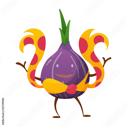 Vector vegetable cartoon character of superhero expression. Funny personage of onion with color butterfly. Vegetarian diet. Isolated on white background