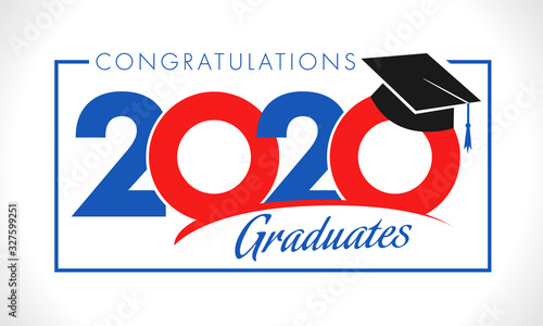 Class of 2020 year graduation sign, awards concept. Banner in red, blue and white colors, happy holiday invitation e-card. Isolated abstract graphic design template. Calligraphic text and frame.