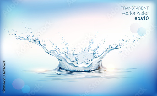 Blue transparent water splashes and drops. Realistic isolated vector illustration