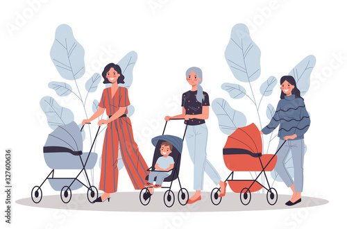 New moms walking with children. Young women wheeling strollers in park flat vector illustration. Motherhood, communication, friendship concept for banner, website design or landing web page
