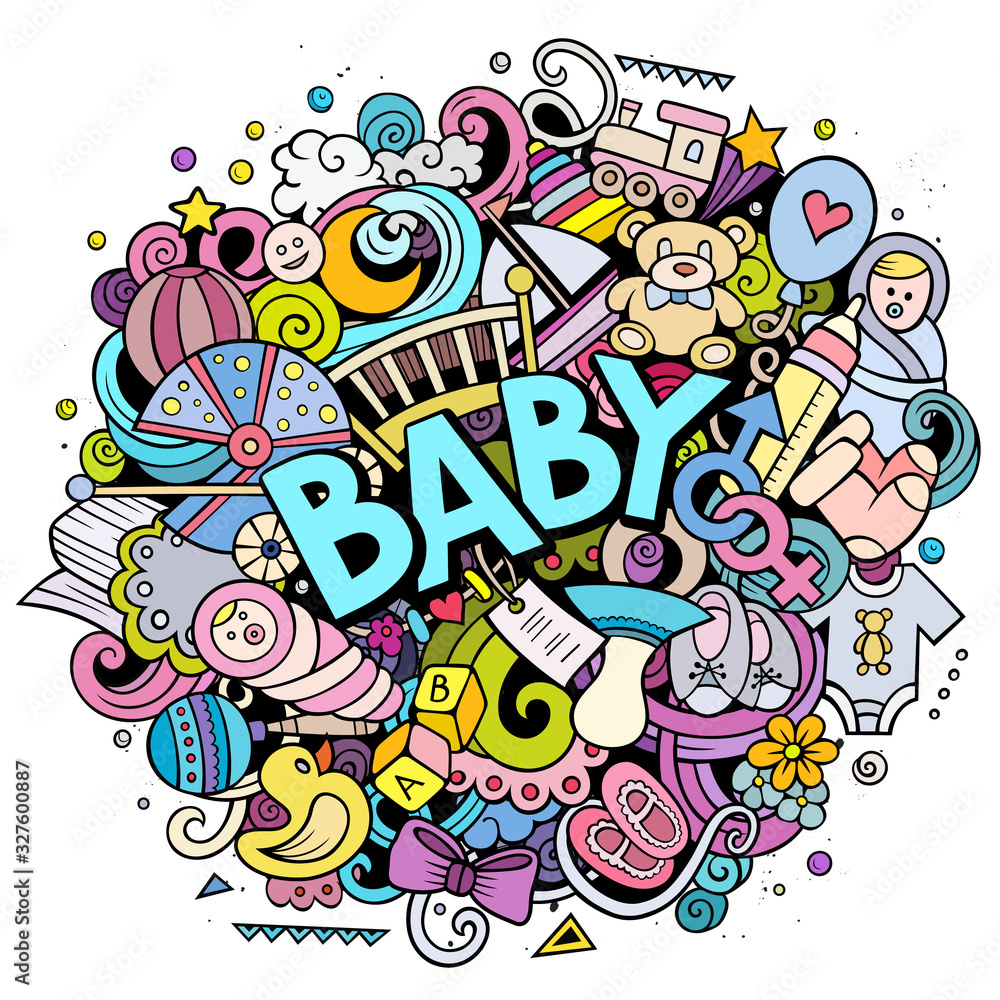 Baby hand drawn cartoon doodles illustration. Creative art vector background.