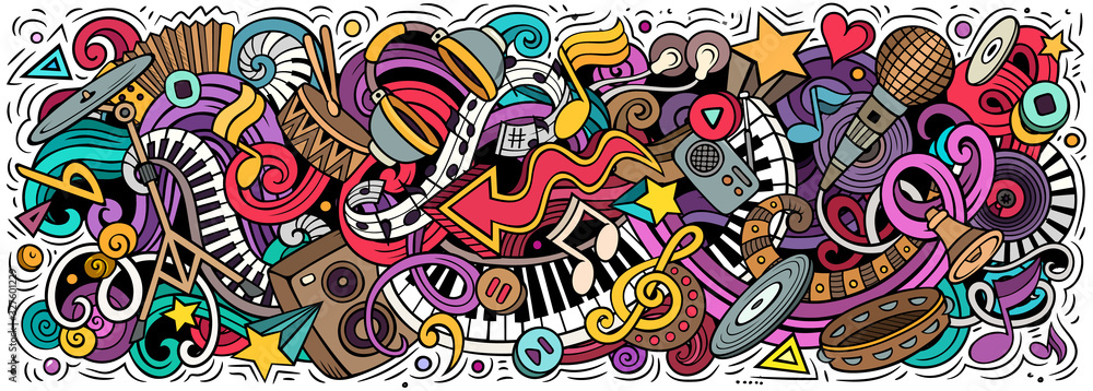 Naklejka premium Muzyka ręcznie rysowane kreskówka doodles ilustracja. Kolorowy transparent wektor