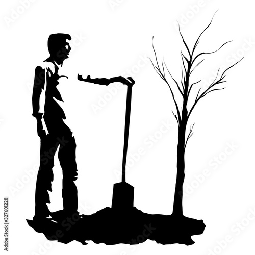 Concept new business project. Laying the foundation for the future in the form of a tree. Silhouette of a man planted a tree. Work in the garden. Vector