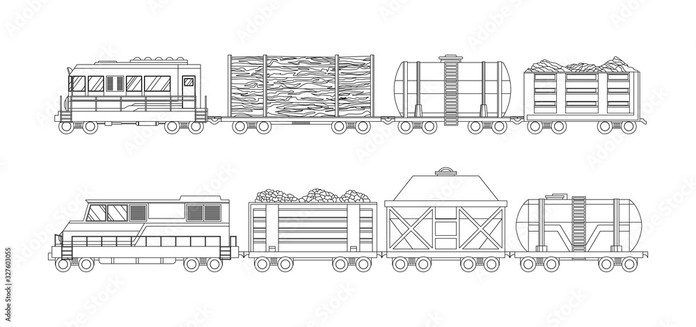 Freight train cargo cars with Container and box freight train. Rolling stock transport illustration set. Logistics heavy railway transport design elements. Flat style vector illustration