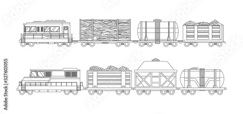 Freight train cargo cars with Container and box freight train. Rolling stock transport illustration set. Logistics heavy railway transport design elements. Flat style vector illustration
