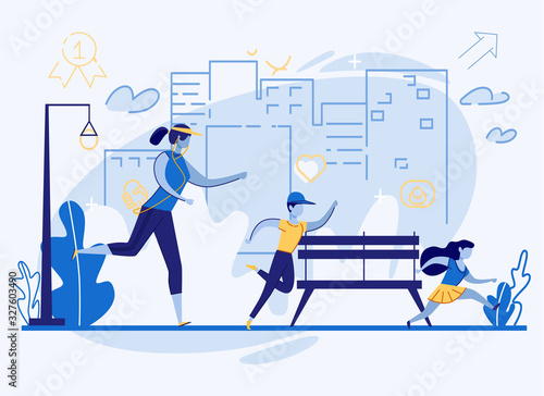 Sport Together Mother with Children on Street. Flat Woman in Sportswear and Headphones Jogging with Son and Daughter in City Park. Vector Illustration Healthy Lifestyle Active Family