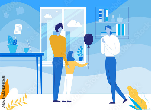 Little Daughter Congratulate her Loving Second Father. Two Male Parents and Female Child. Home Room Flat Interior. Birthday Celebration. Happy Freelancers Family. Vector Cartoon Illustration