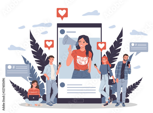 Blogger promoting goods and services for followers online vector illustration. Potential product consumers reading influencer advices. Online engagement communication business, digital marketing