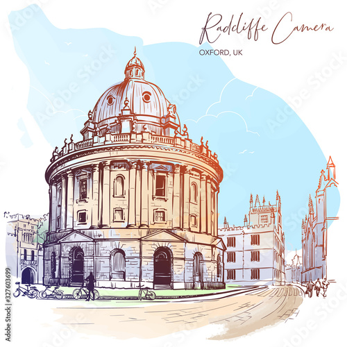 Radcliffe Camera. Westminster, London, UK. Excellent example of the Palladian architecture. Vintage design. Watercolor painted sketch. EPS10 vector illustration