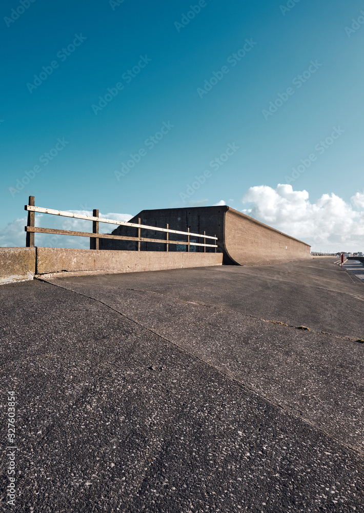 cleveleys lancshire seafront flood defence wall system. Sea defence sea levels rising, climate change. security concrete ramps and curves sea wall. Outdated ocean defences.