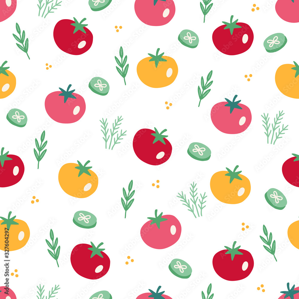 Seamless pattern with vegetables - tomato, dill, cucumber slices Seamless pattern with vegetables - tomato, dill, cucumber slices