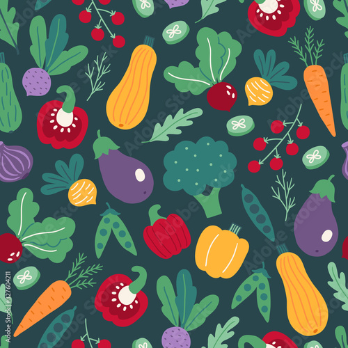 Seamless pattern with vegetables - carrot, pepper, beet, squash, cherry tomato