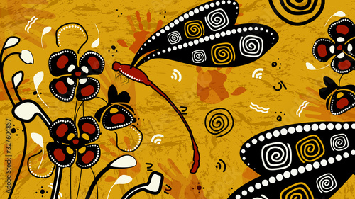 Aboriginal art background with dragonfly