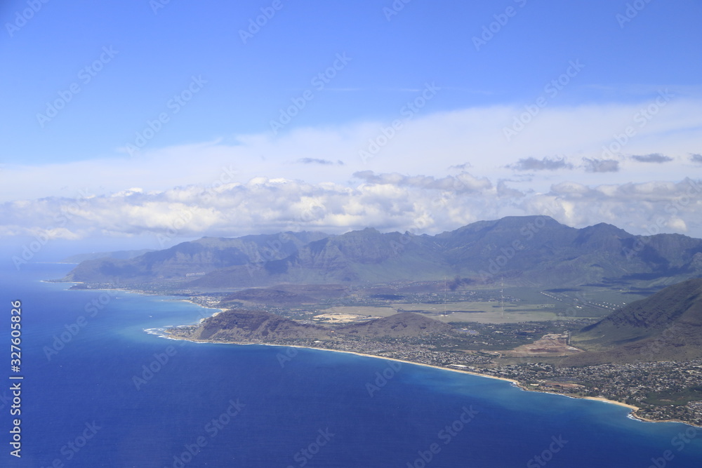 view of Honolulu from airplane window