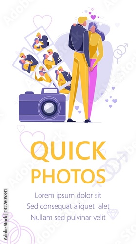 Quick Photos Flyer Advertisement Flat Cartoon Vector Illustration. Couple in Love Having Photos from Booth. Man and Woman Have Romantic Shots, Portraits. Boyfriend and Girlfriend on Date.