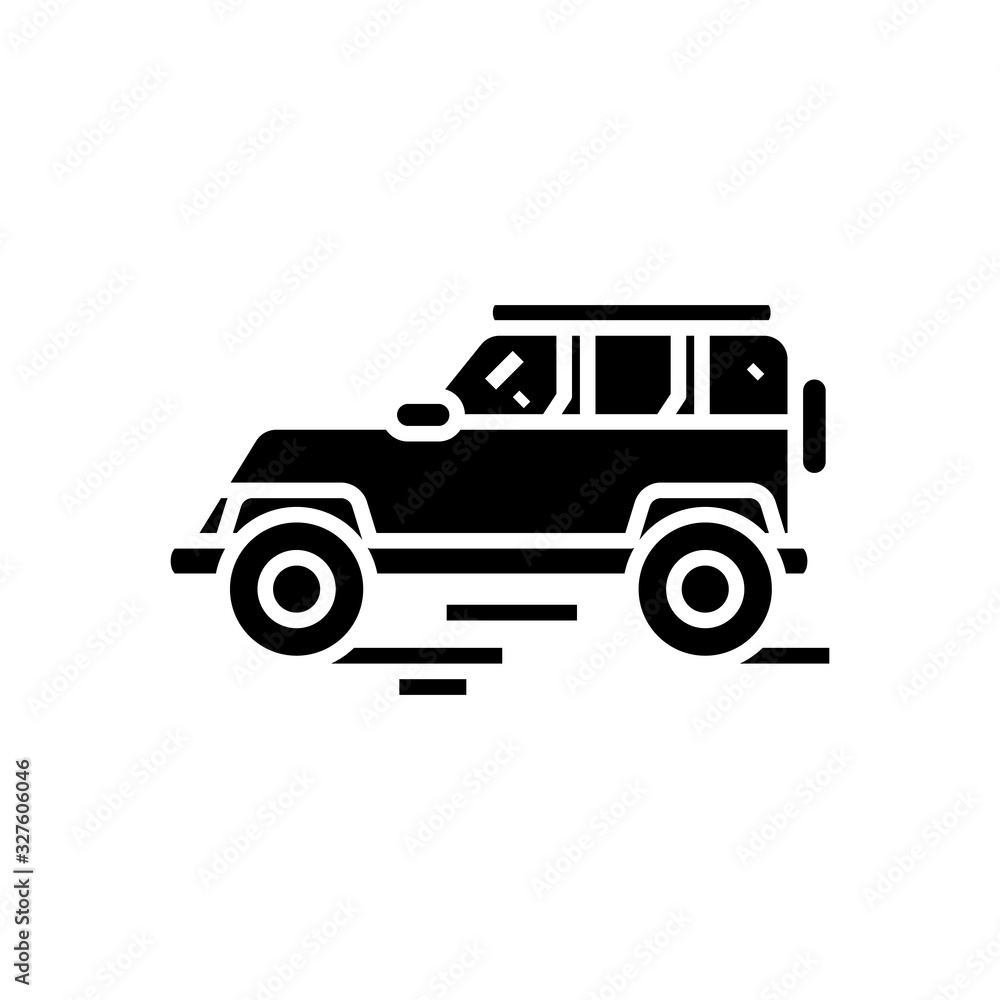 Jeep testing black icon, concept illustration, vector flat symbol, glyph sign. Jeep testing black icon, concept illustration, vector flat symbol, glyph sign.