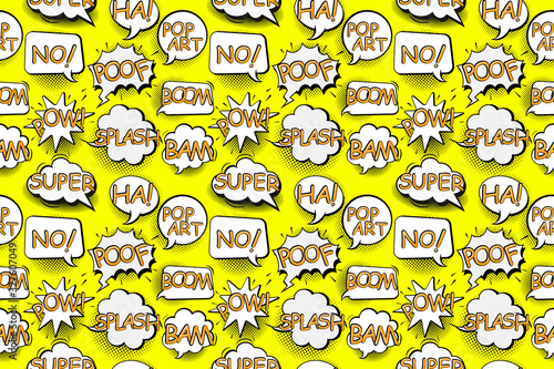 Comic speech bubbles in pop art style with bomb cartoon and explosion text seamless pattern vector illustration