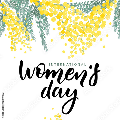 Happy Women s Day handwritten lettering with mimosa flower. Modern vector hand drawn calligraphy isolated on white background for greeting card design.