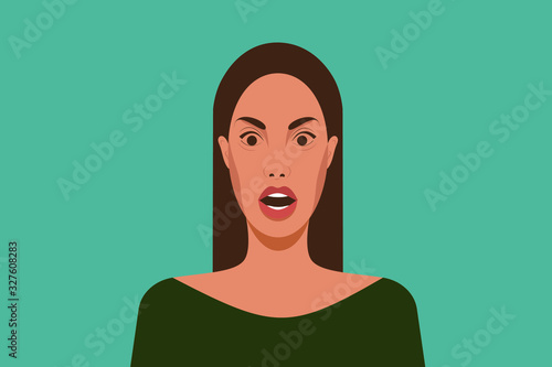 Portrait of a surprised girl. Fear. Fright. Avatar for social networks. Fashion and beauty. Vector illustration in flat style.