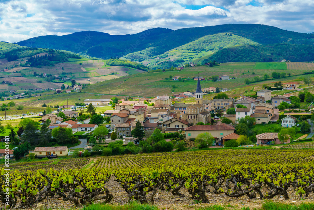 Vineyards and countryside in Beaujolais, with the village Lantignie