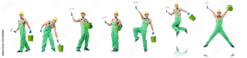 Painter in green coveralls on white Painter in green coveralls on white