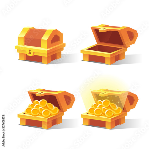 Wooden Chest set for game interface. Vector illustration.