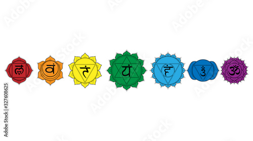 Outline colored icons chakras set: muladhara, swadhisthana, manipura, anahata, vishuddha, ajna, sahasrara. Vector line symbol. Om signs isolated on a white background. EPS 10 Vector illustration