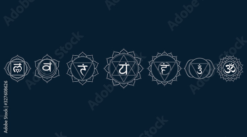 Outline icons chakras set: muladhara, swadhisthana, manipura, anahata, vishuddha, ajna, sahasrara. Vector line symbol. Om sign on a black background. EPS 10 Vector illustration