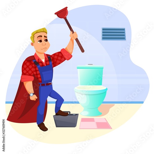 Fixed Plunger, Wearing Work Wear and Red Cloak Like Real Superhero, Gearing up for Hard Work with Toolbox and Plunger in His Hand. Pro, Ready to Fight with Clogged Toilet. Cute Cartoon Character.