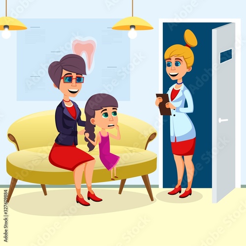 Medical Nurse, Calling for Next Patient. Little School Age Girl with Bad Toothache, Visiting Dentist. Loving Mom, Bringing Her Little Daughter to Doctor to Fill Tooth. Cute Cartoon Characters.